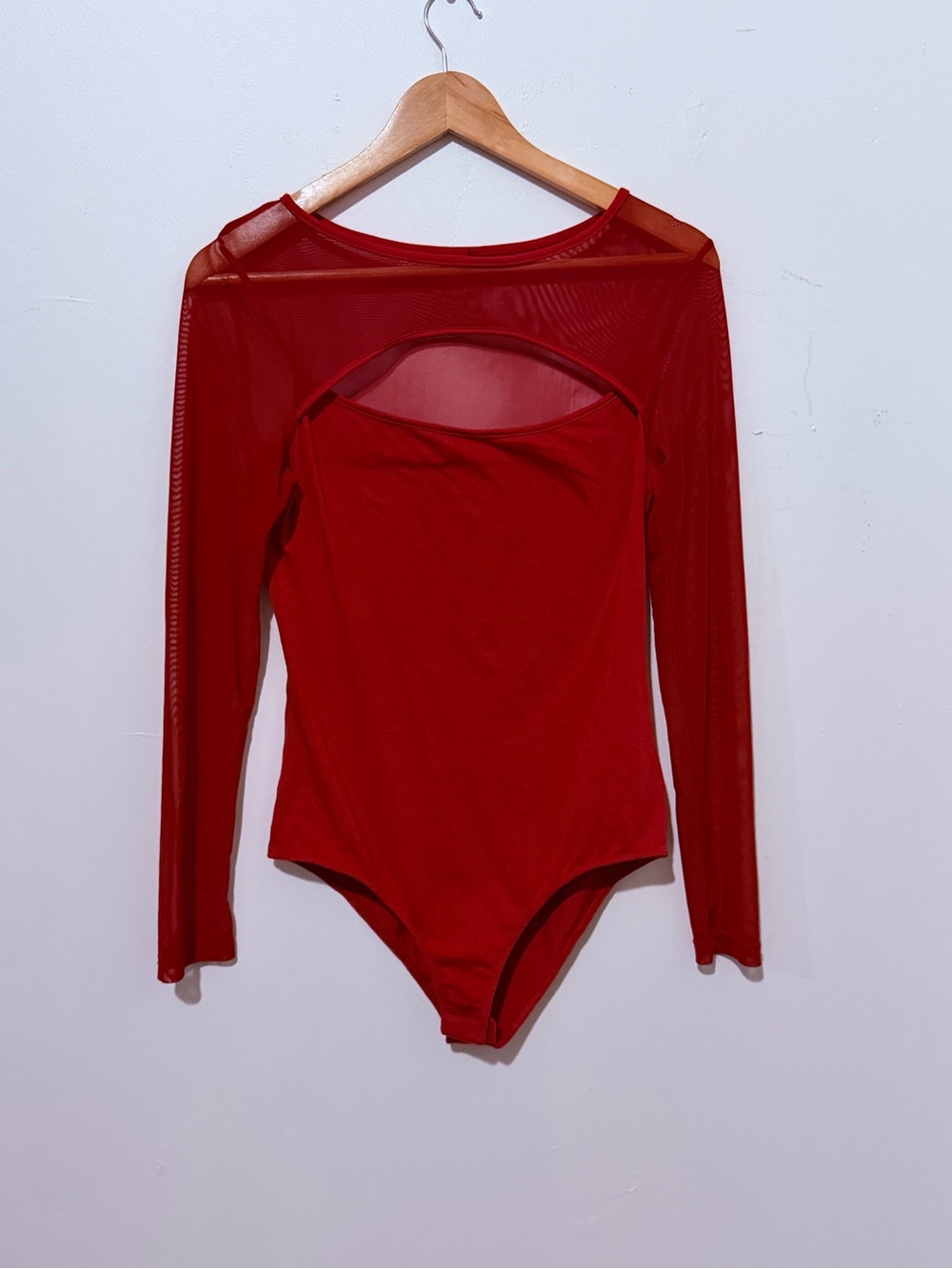 Red Mesh-Panel Long Sleeve Bandeau Bodysuit